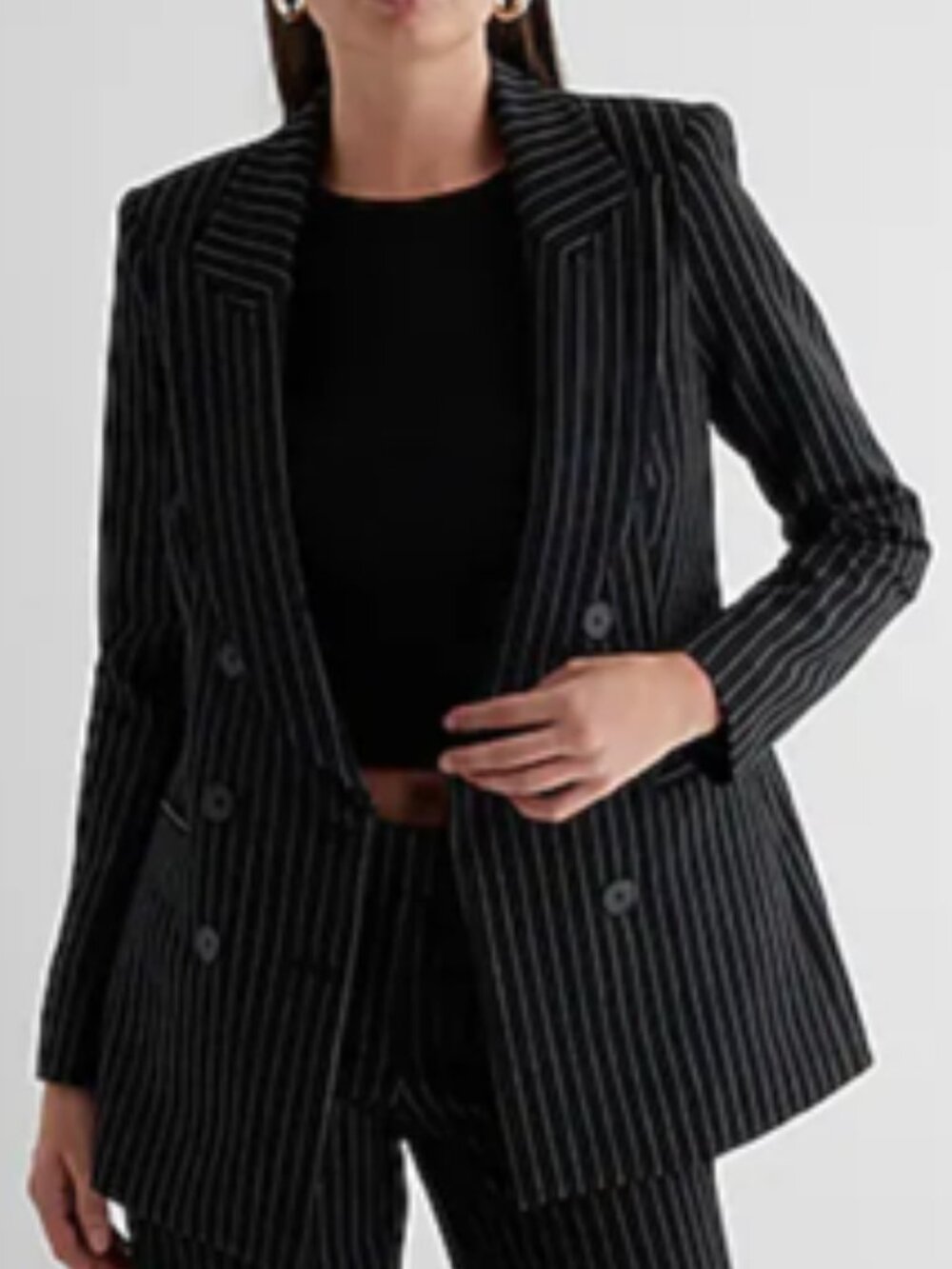 Express Pitch Black Pinstripe Double Breasted Stretch Blazer